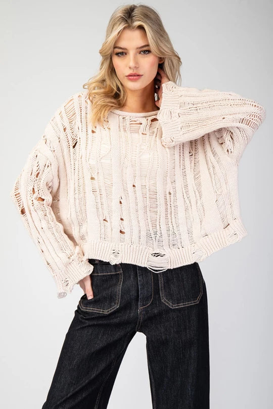 SAND DISTRESSED CROPPED CROCHET TOP