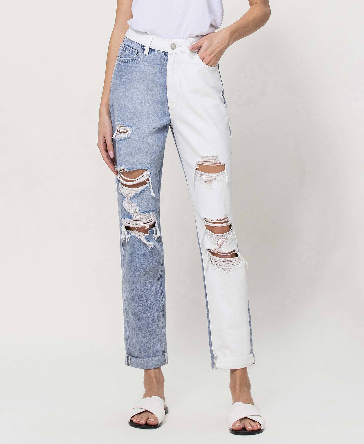 SUPER HIGH RISE SPLIT TWO TONE CUFFED MOM JEANS EMMA