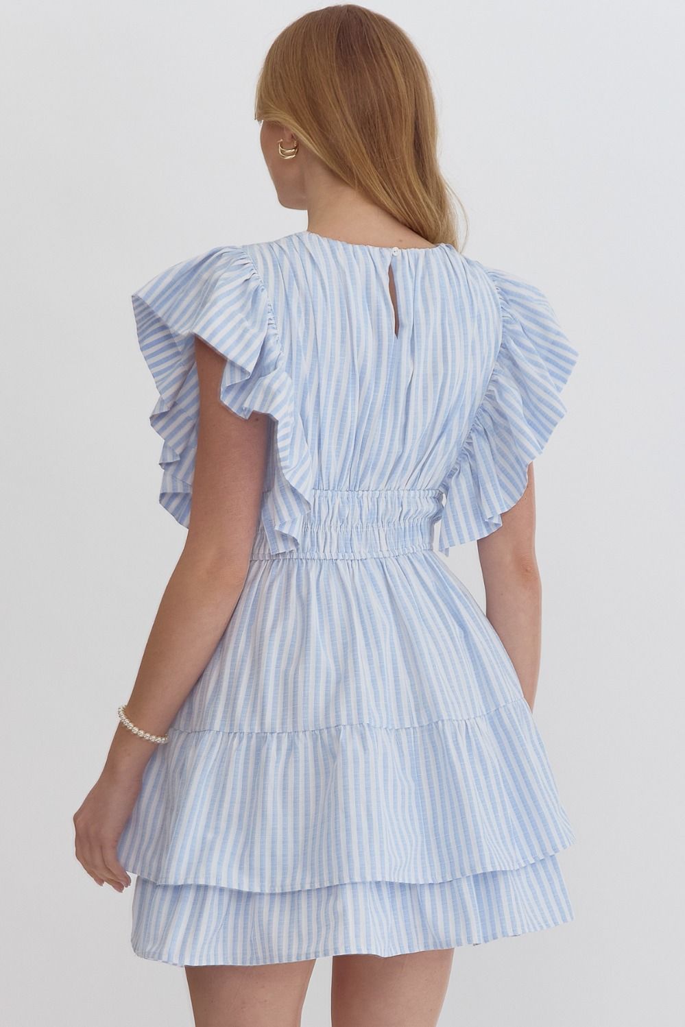 Blue Stripe print v-neck sleeveless mini dress featuring ruffle detail at shoulders