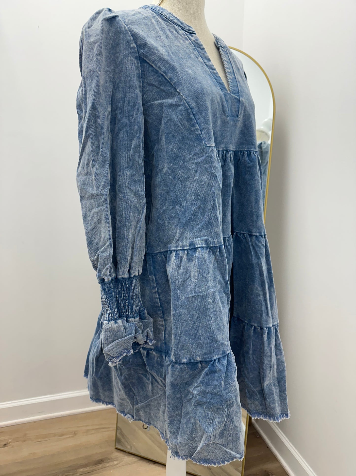 Denim Blue Stone Washed Corduroy V-Neck Tiered Dress with Smocked Sleeves