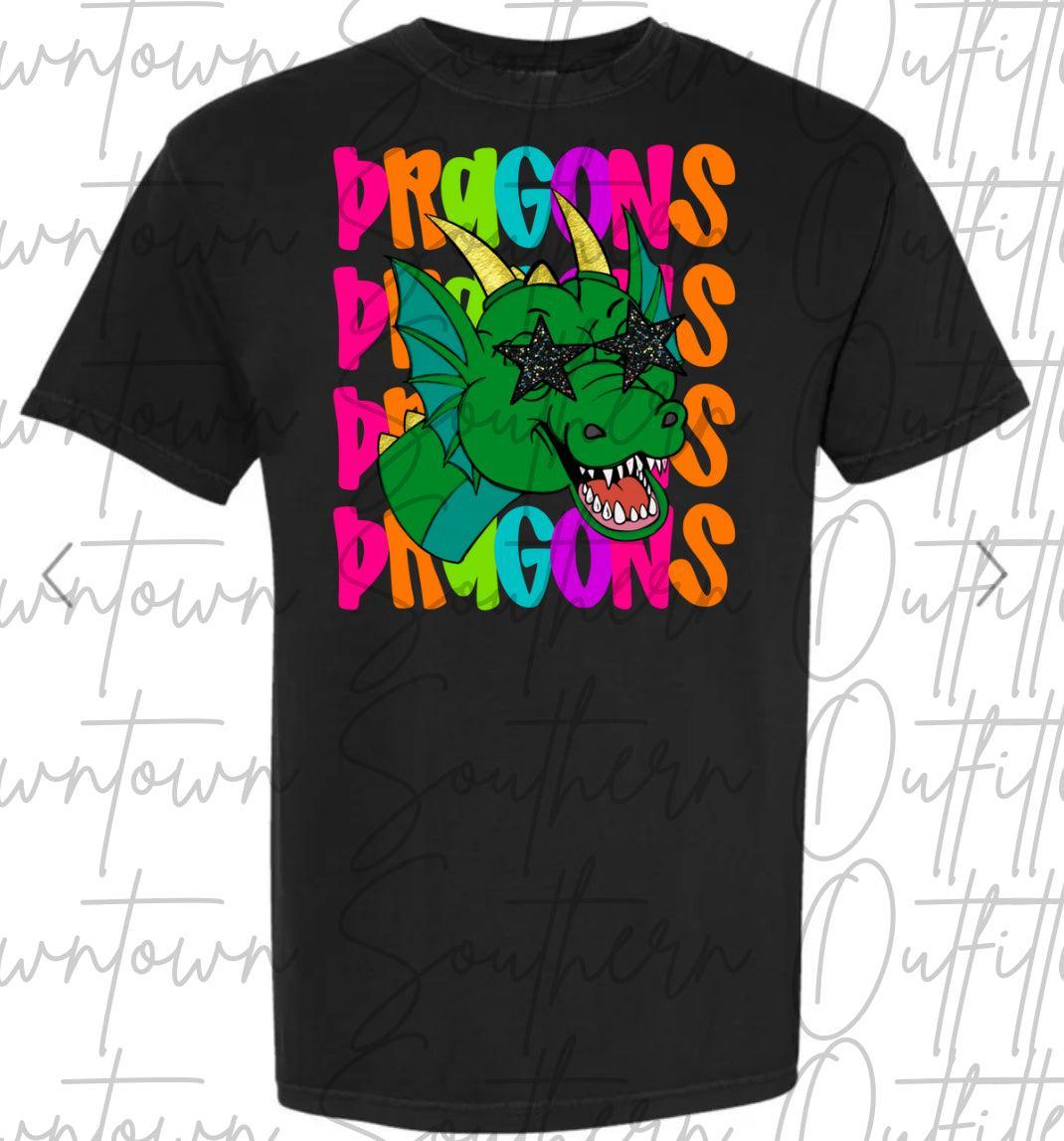 Dragons Multi Color Neon Stacked Black Tee