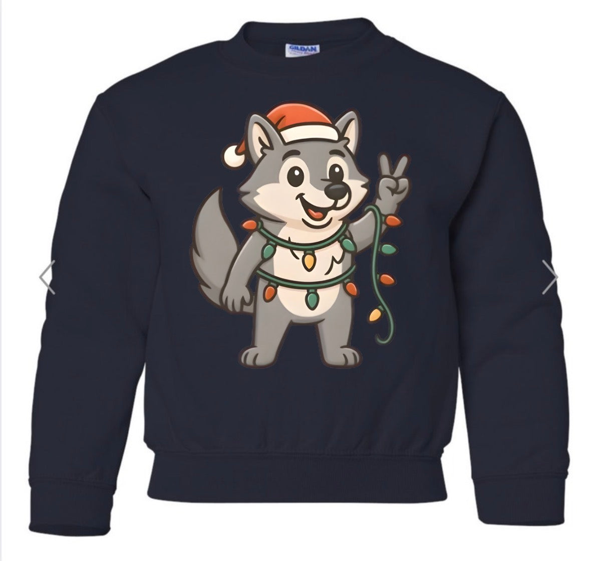 Wolfpups mascot with Christmas lights on navy
