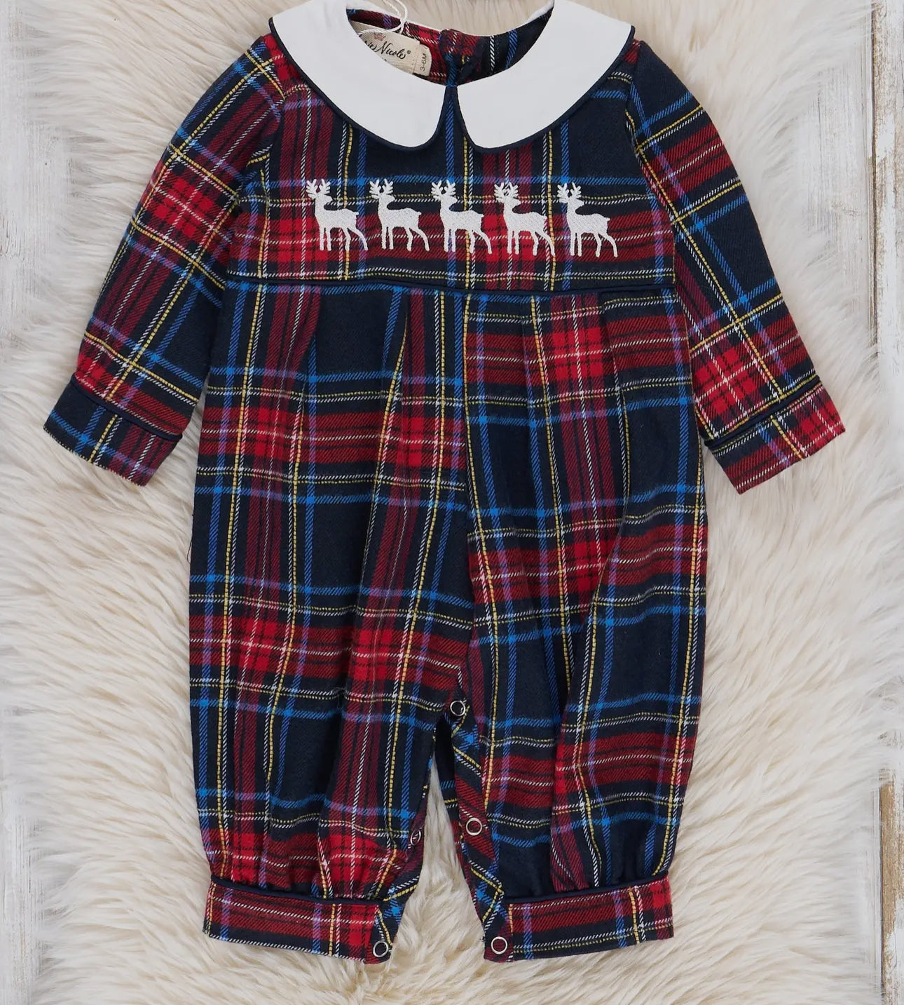 Youth Embroidered Reindeer Plaid Romper