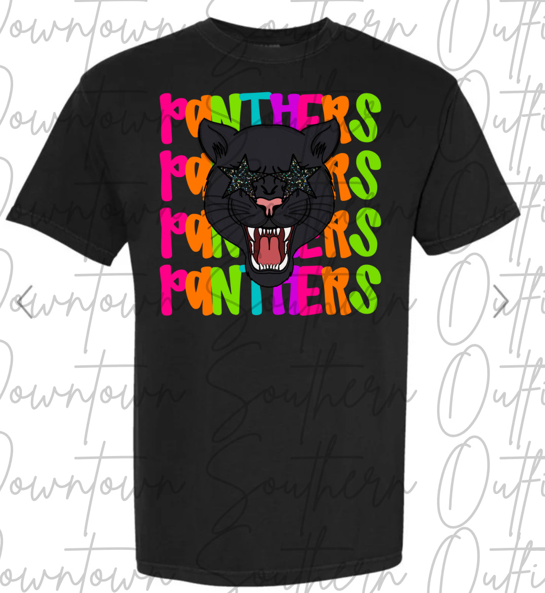 Panthers Multi Color Neon Stacked Black Tee