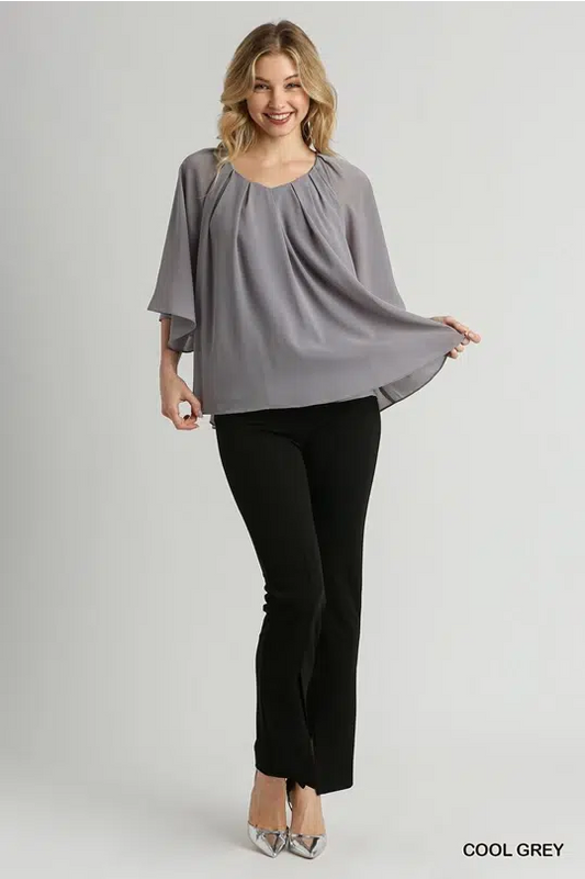 V-Neck Pleated Boxy Cut Top with 3/4 Ruffle Sleeves