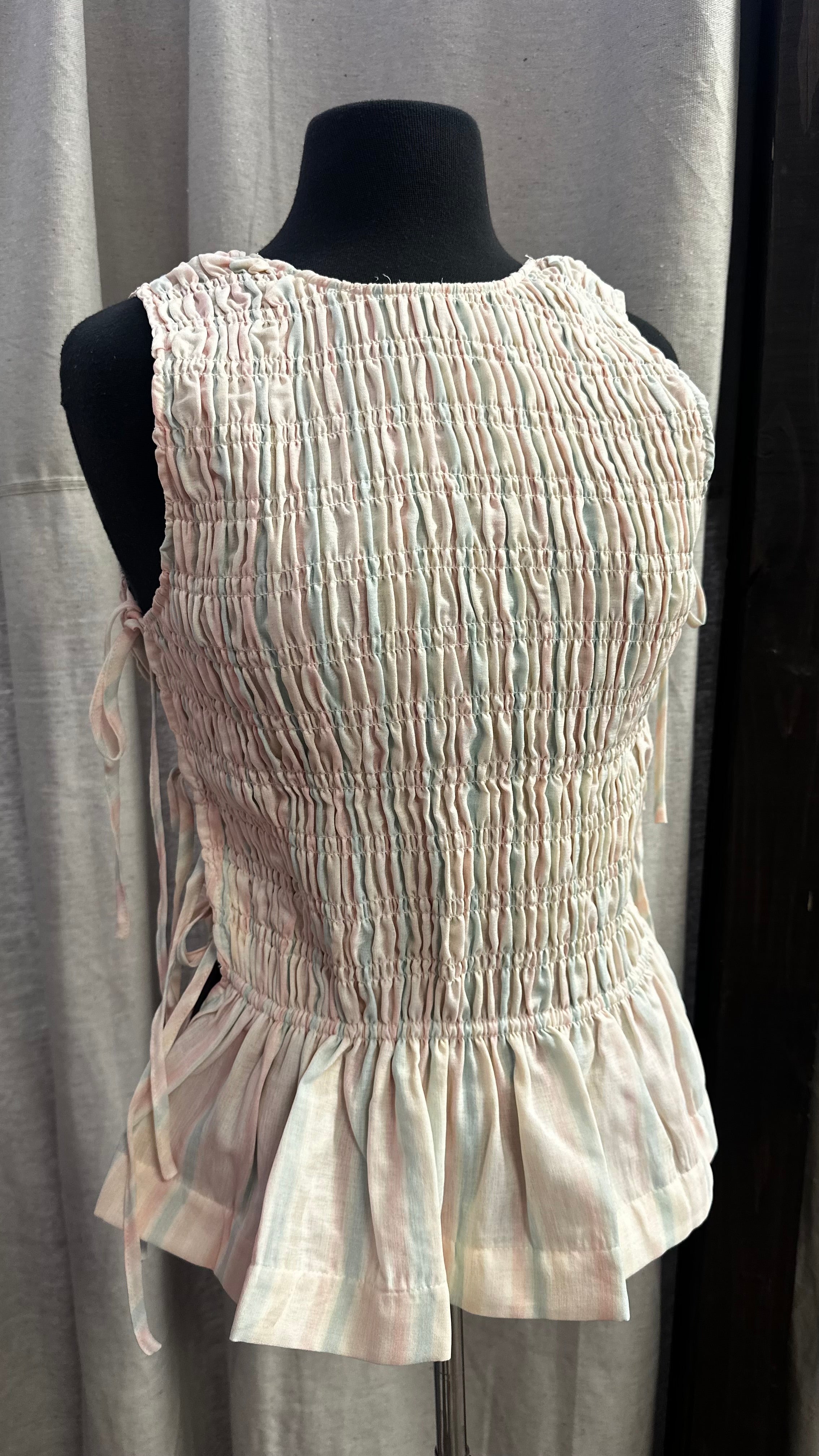Multicolor stripe smocked side tie detail peplum top pink/blue