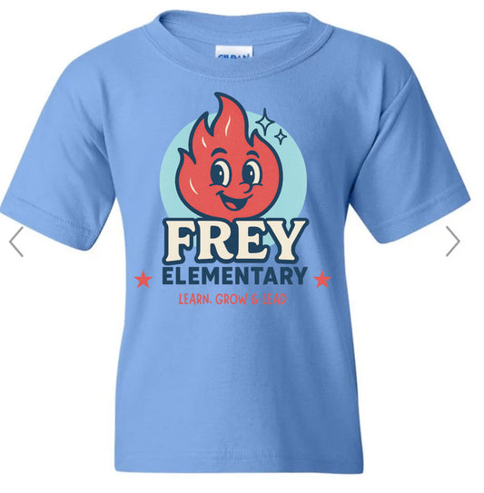 Frey Elementary, Learn Grow Lead with flame in circle on Carolina blue