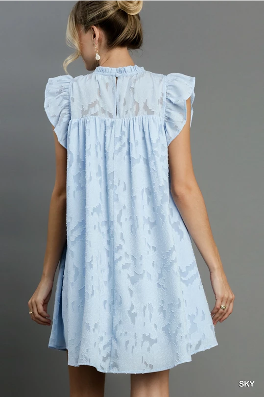 Jacquard Lace Ruffle Short Sleeve Dress with Back Button Keyhole