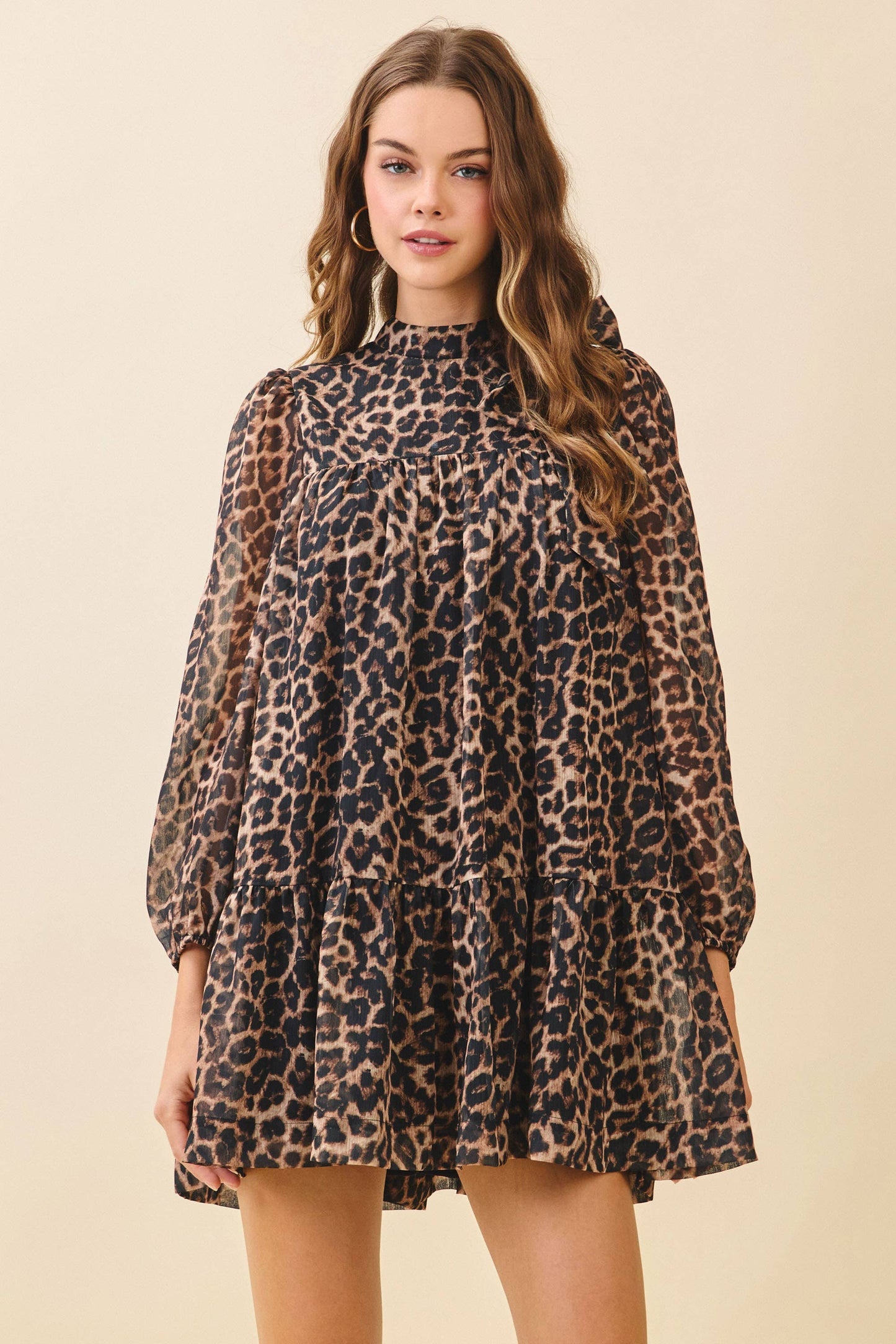 Leopard Print High Neck Bow Detail Mini Dress