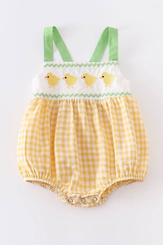 Yellow Plaid Chicken Applique Boy Romper