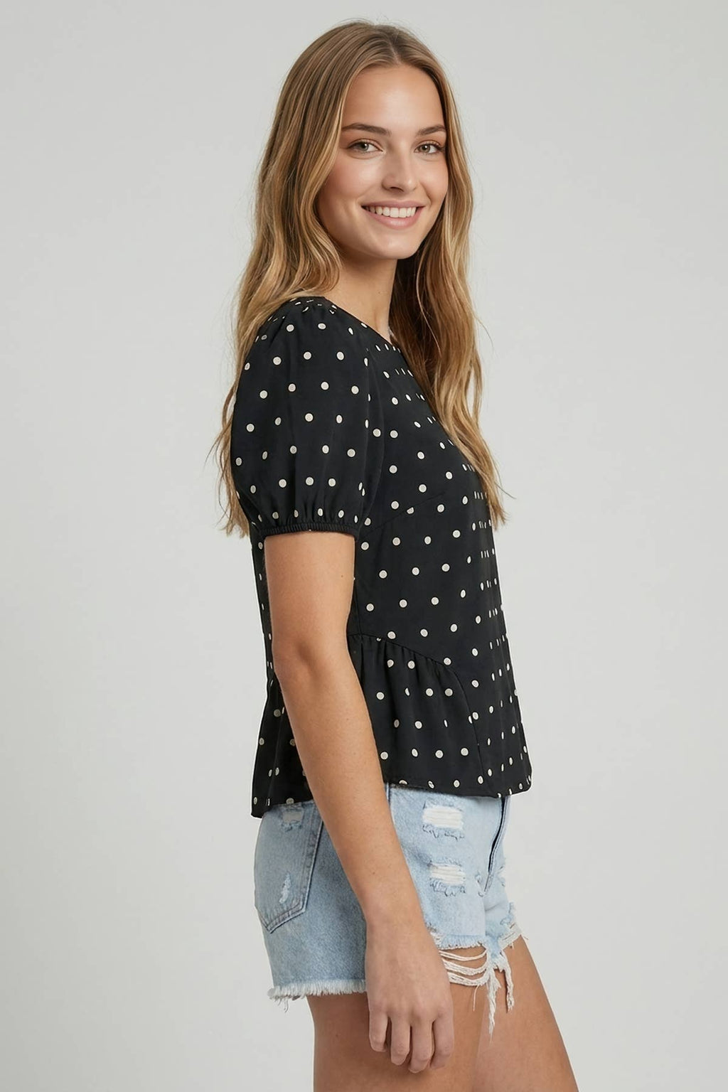 POLKA DOT SSLV PEPLUM BLOUSE - 45917T: Beige / L