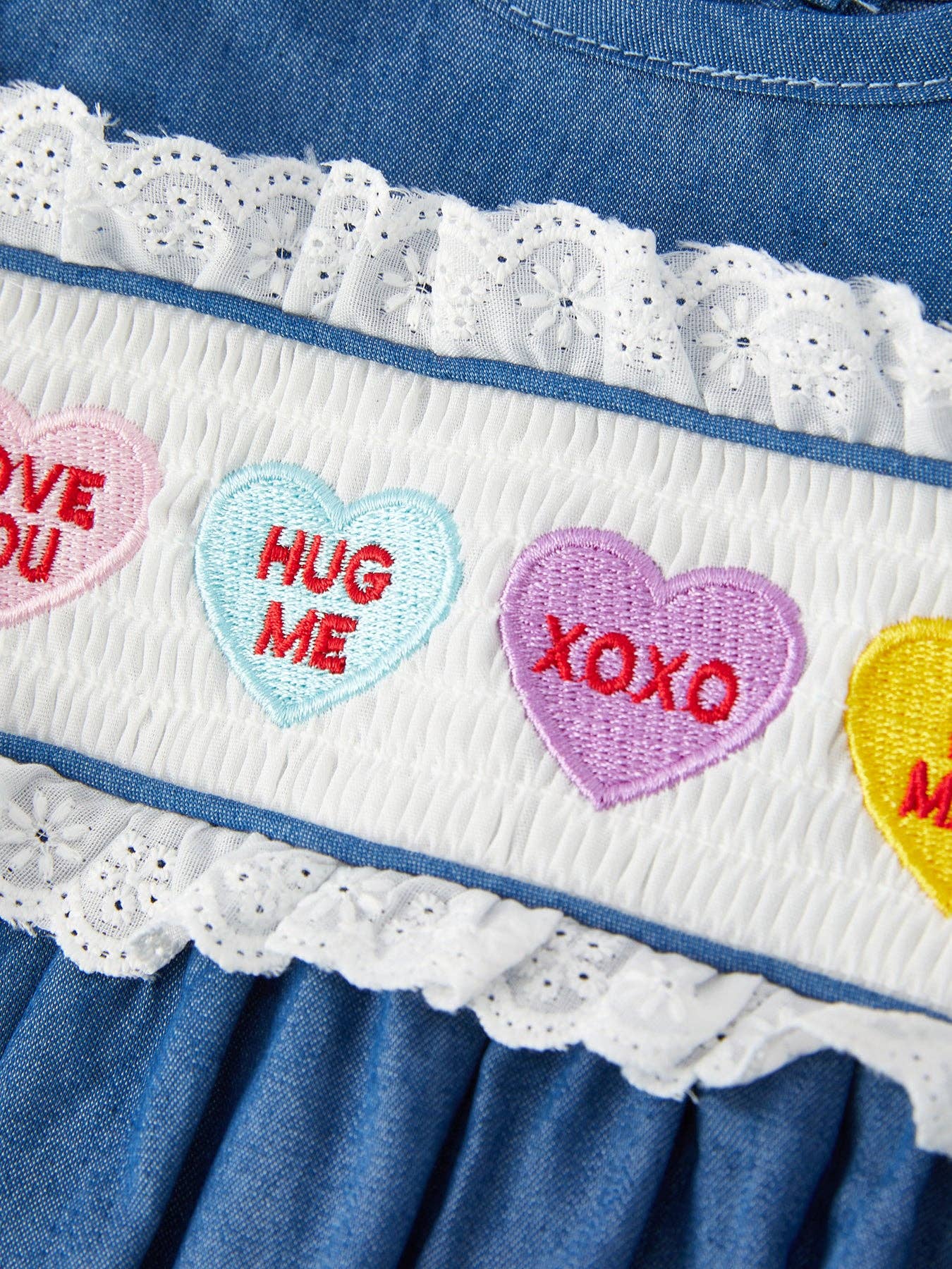 Valentine's Day Conversation Hearts Smocking Embroidered Lace Girls Romper
