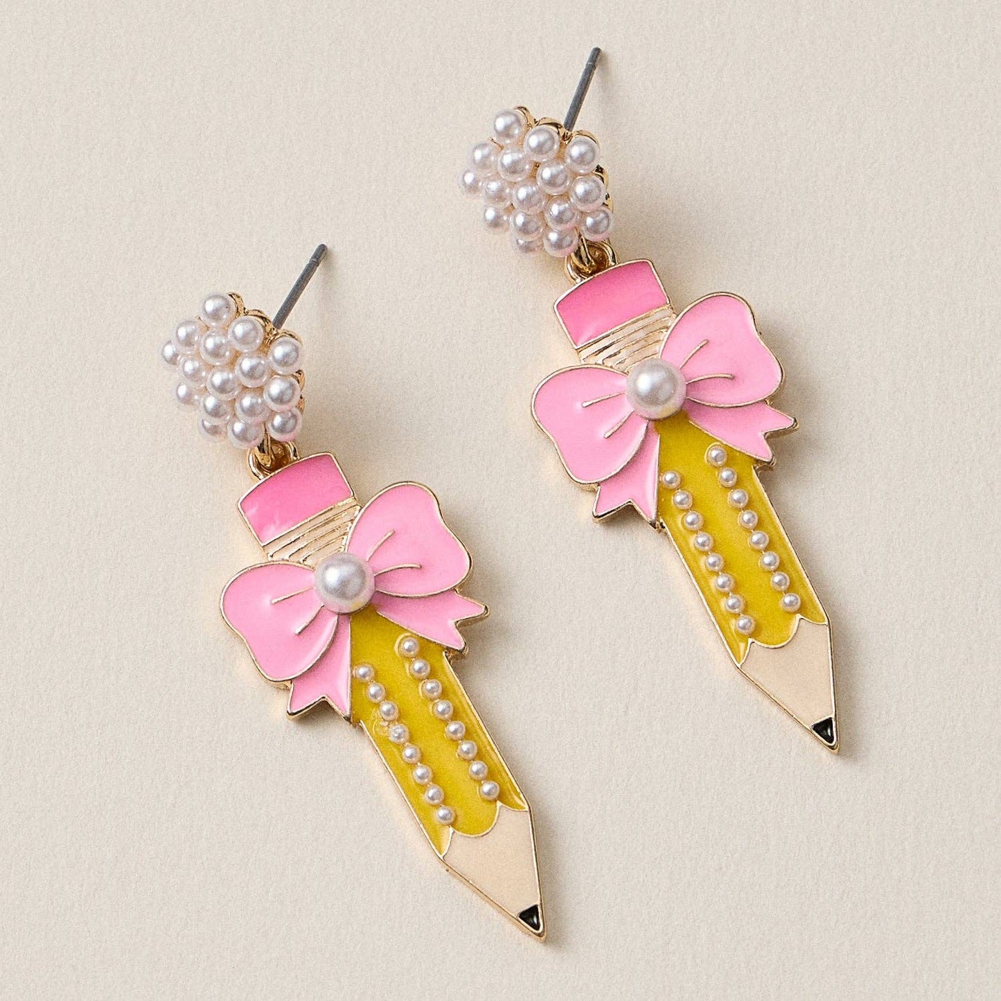 Pencil and Bow Pearl Earrings: Yellow / One / BE3877