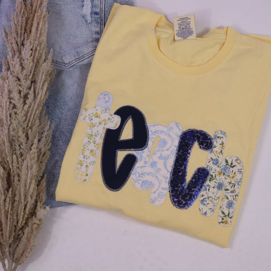 Teach Floral Print Appliqué Yellow Short Sleeve