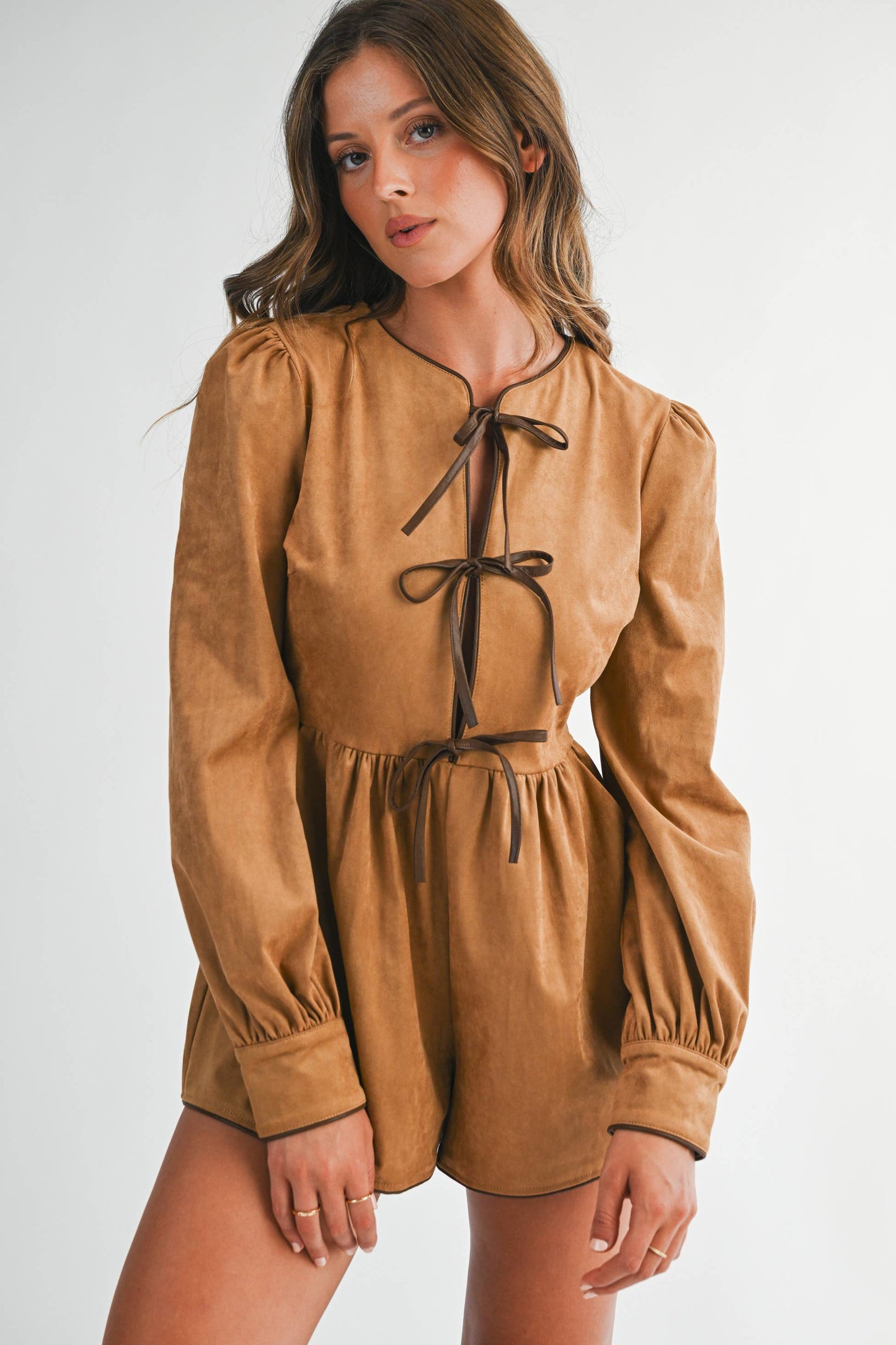 Suede Tie-Front Long Sleeve Romper