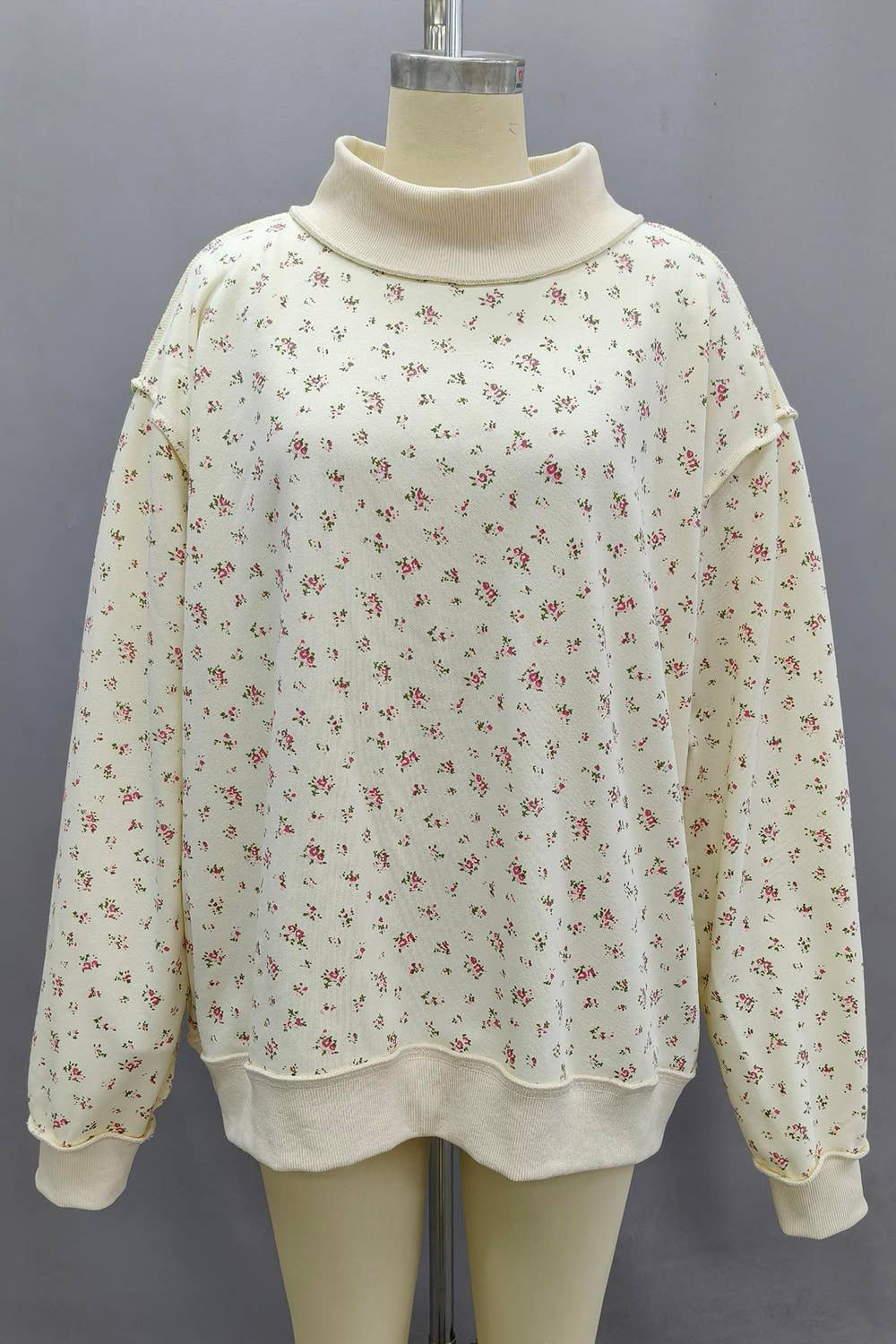 Floral Print Oversized Mock Neck Sweatshirt: CREAM