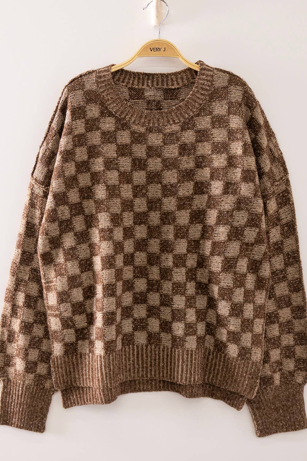 Checkerboard Knit Sweater: CHOCOLATE