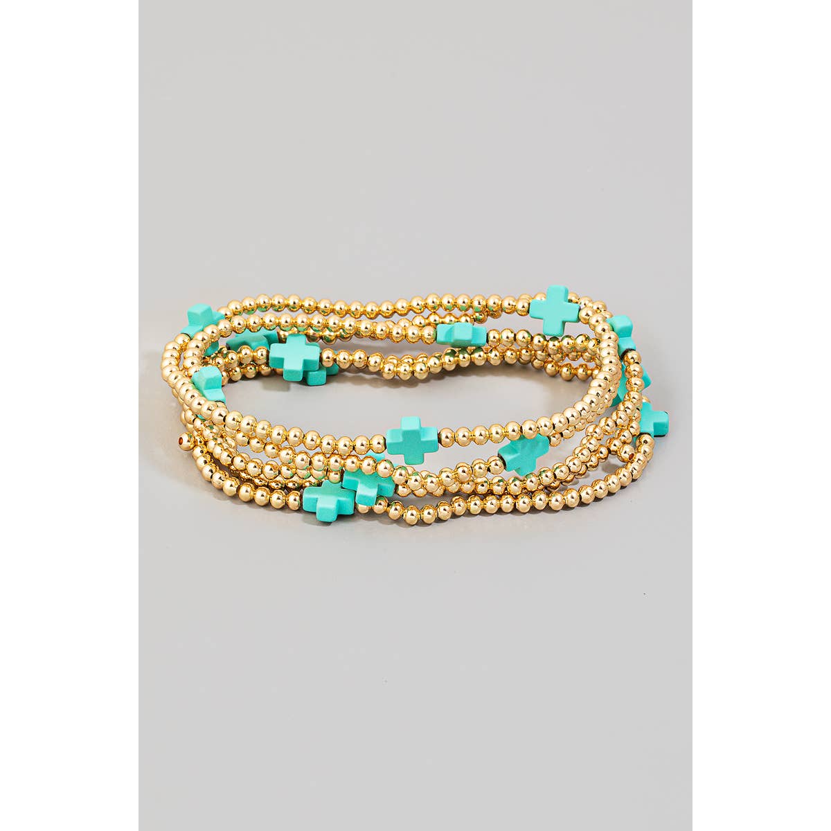 Cross And Metallic Beads Layered Bracelet Teal