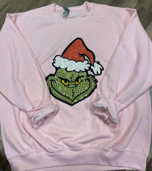 Grinch face sequin pink sweatshirt