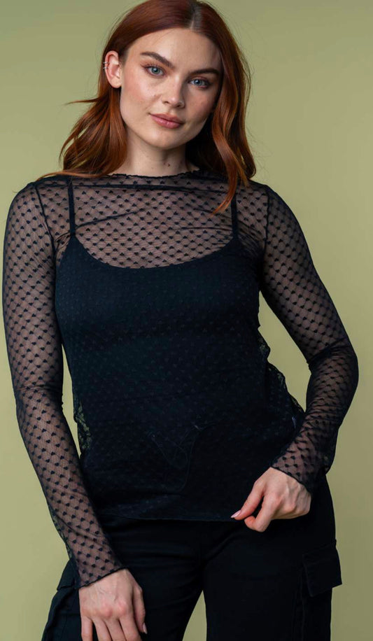 HEART JACQUARD MESH LONG SLEEVE TOP