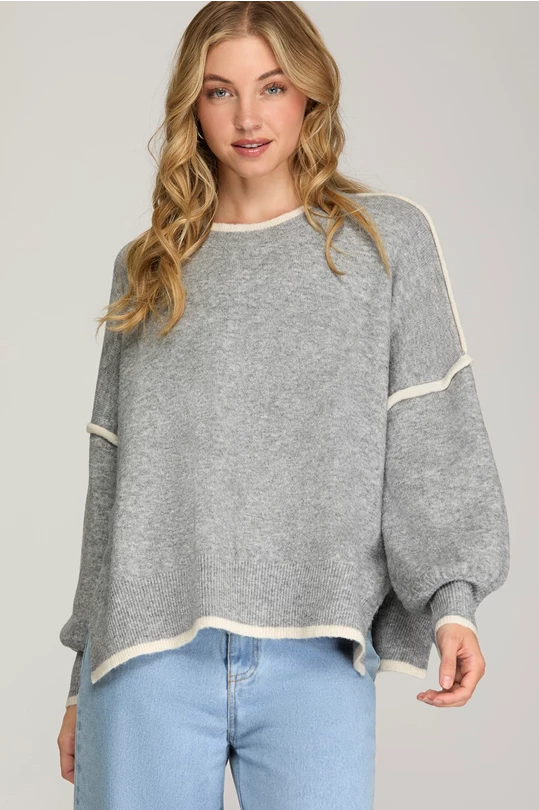 HEATHER GREY LONG SLEEVE CONTRAST SWEATER TOP