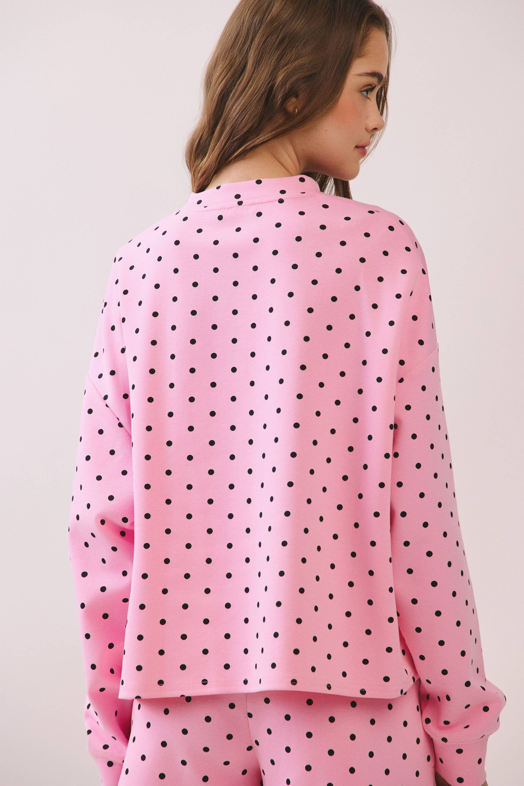 Polka Dot Print Drop Shoulder Pullover Top: Pink Sold Separate