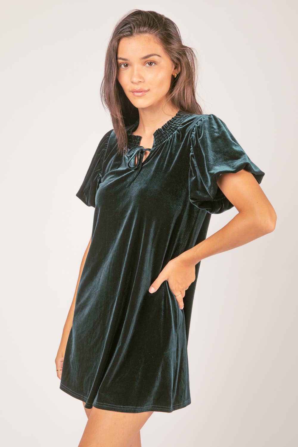 Puff Sleeve Velvet Holiday Mini Dress: FOREST