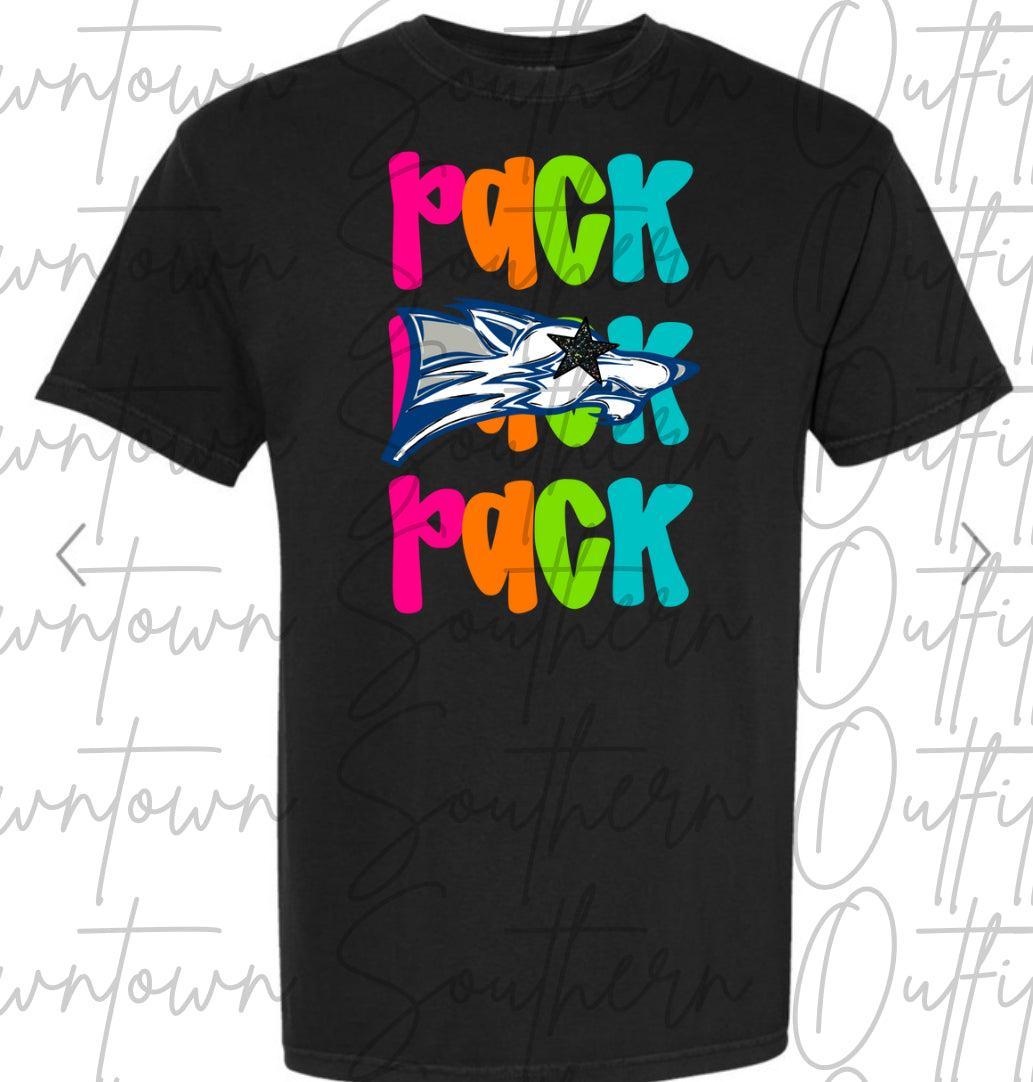 Wolfpack  Multi Color Neon Stacked Black Tee