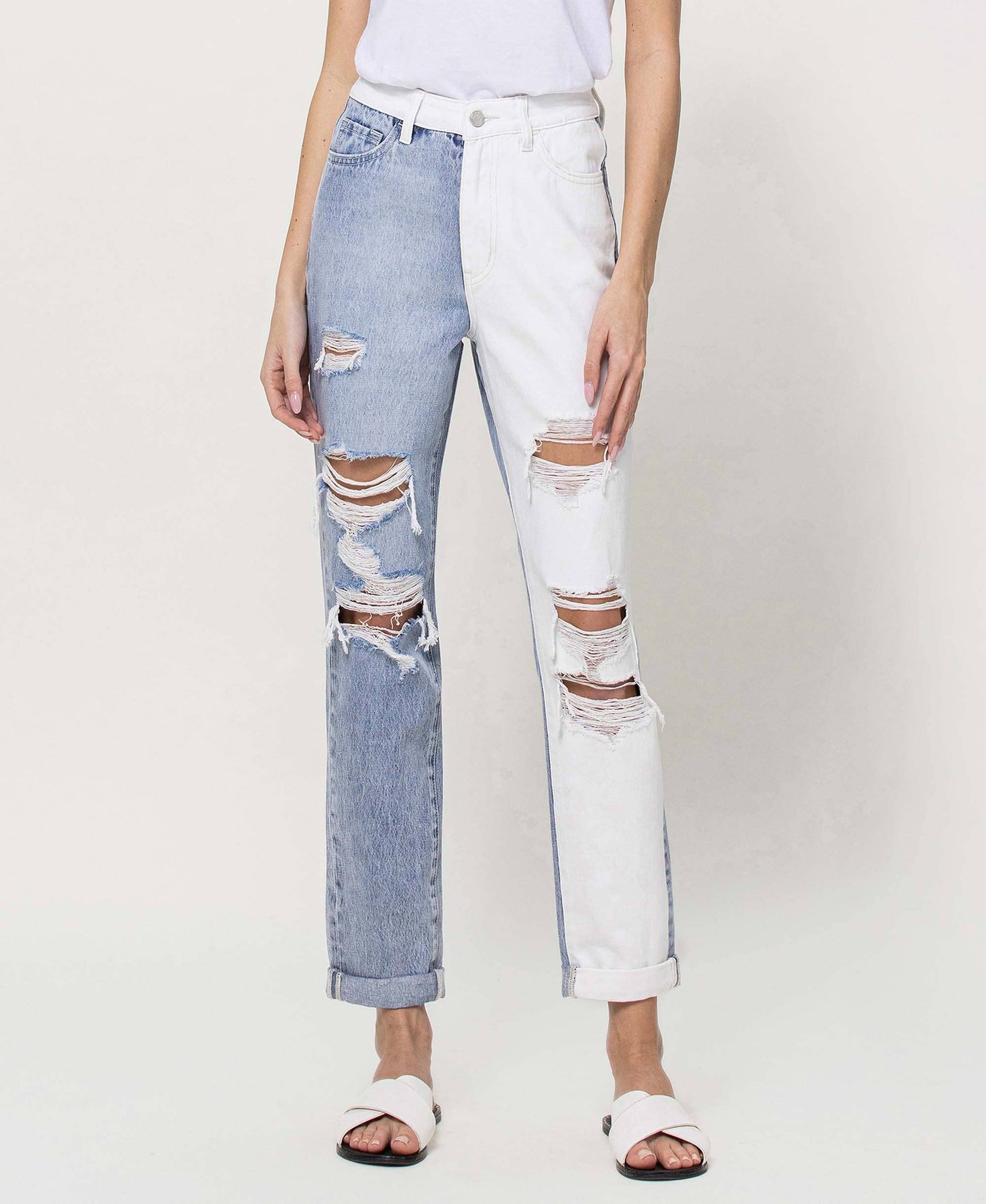 SUPER HIGH RISE SPLIT TWO TONE CUFFED MOM JEANS EMMA