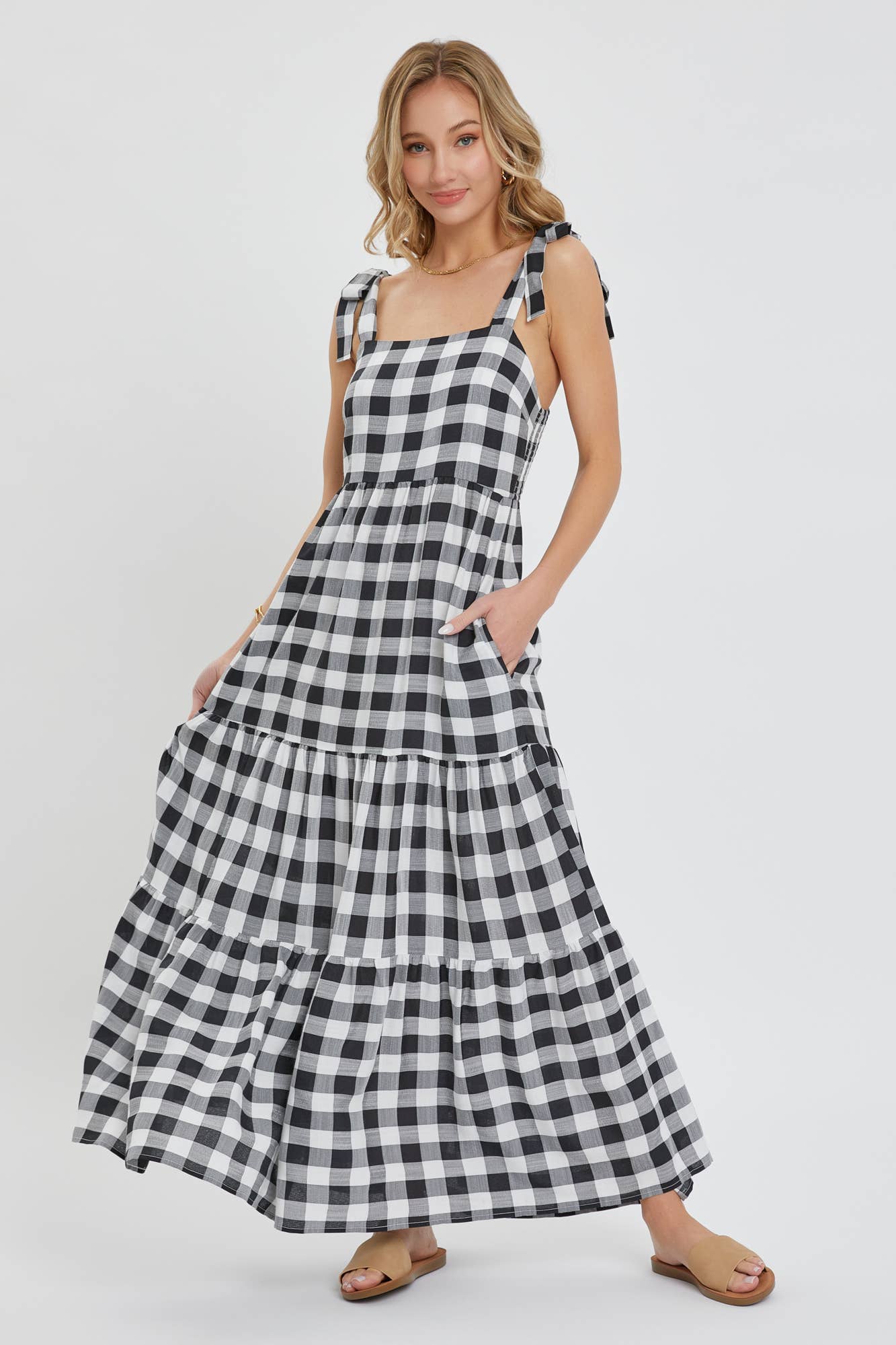 GINGHAM TIERED MAXI DRESS: TAUPE