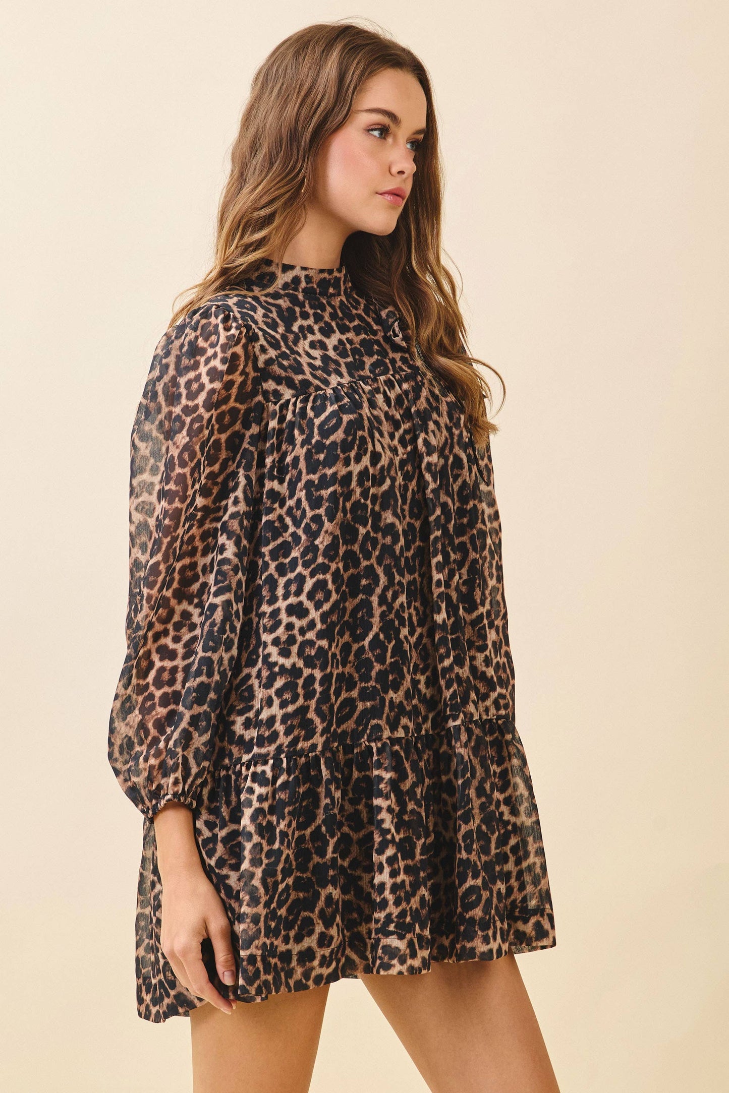 Leopard Print High Neck Bow Detail Mini Dress