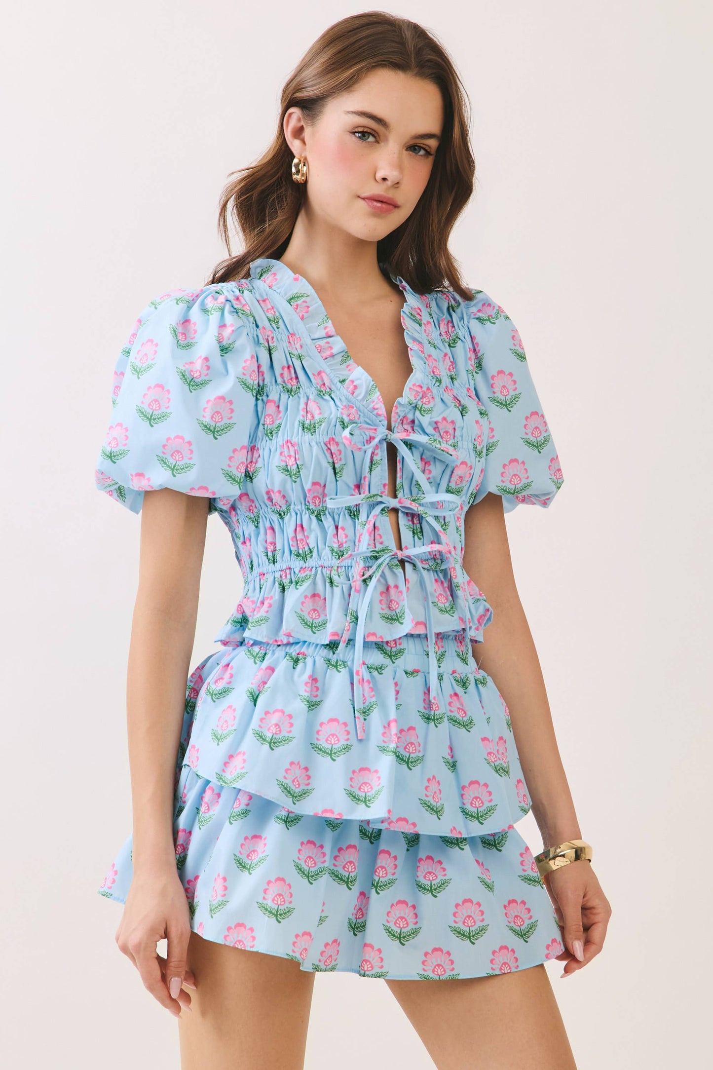 Floral Print Ruffle Trim Puff Sleeve Tie Front Top: Blue