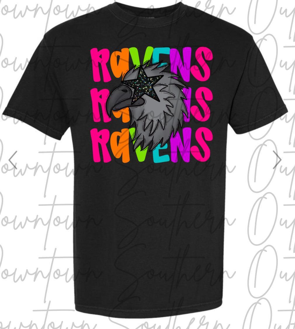 Ravens Multi Color Neon Stacked Black Tee