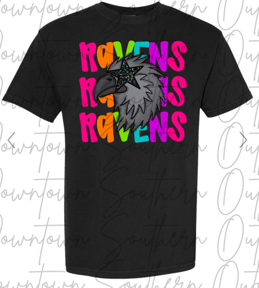 Ravens Multi Color Neon Stacked Black Tee