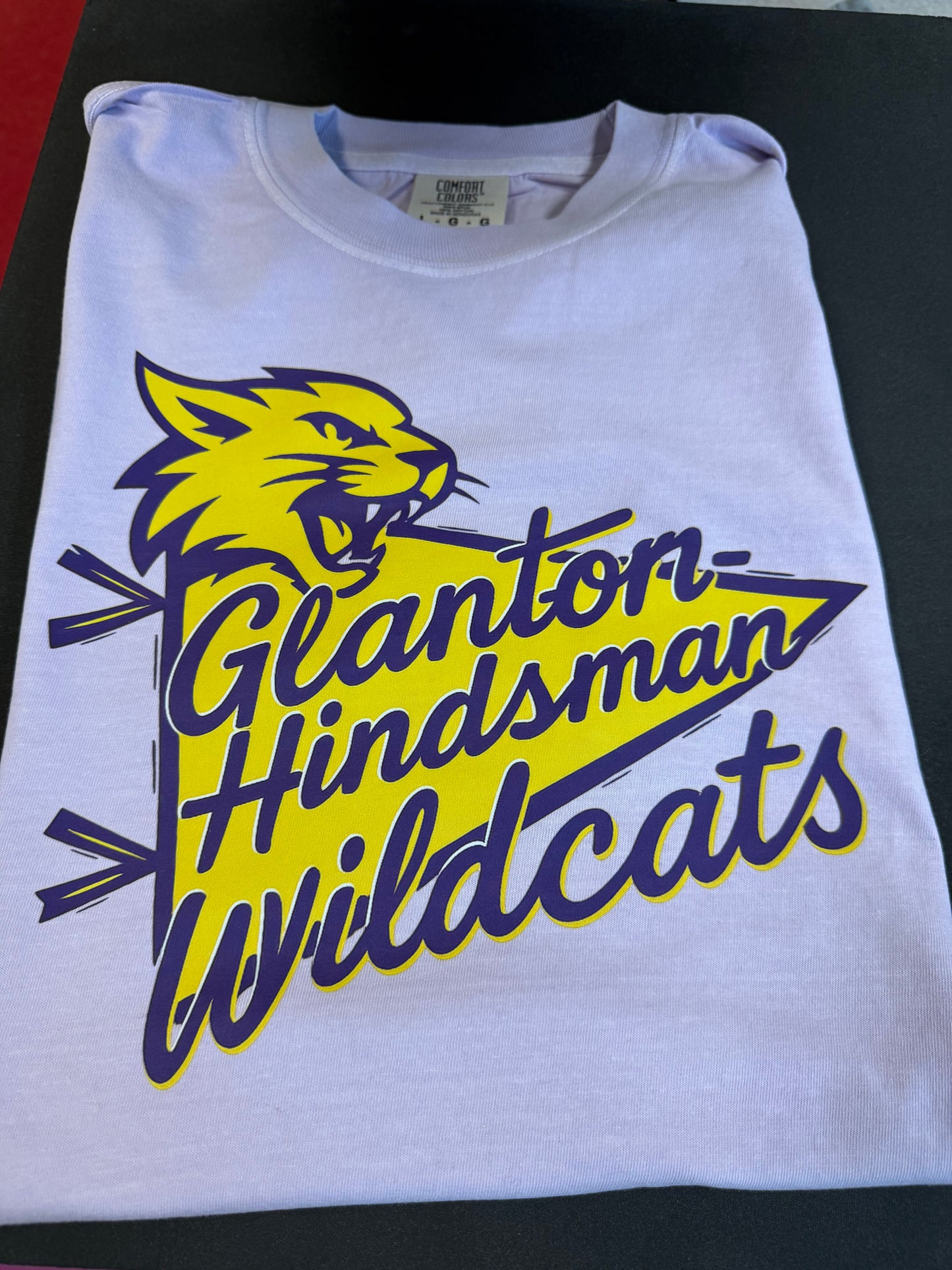 Glanton Hindsman Wildcats yellow pennant flag tee