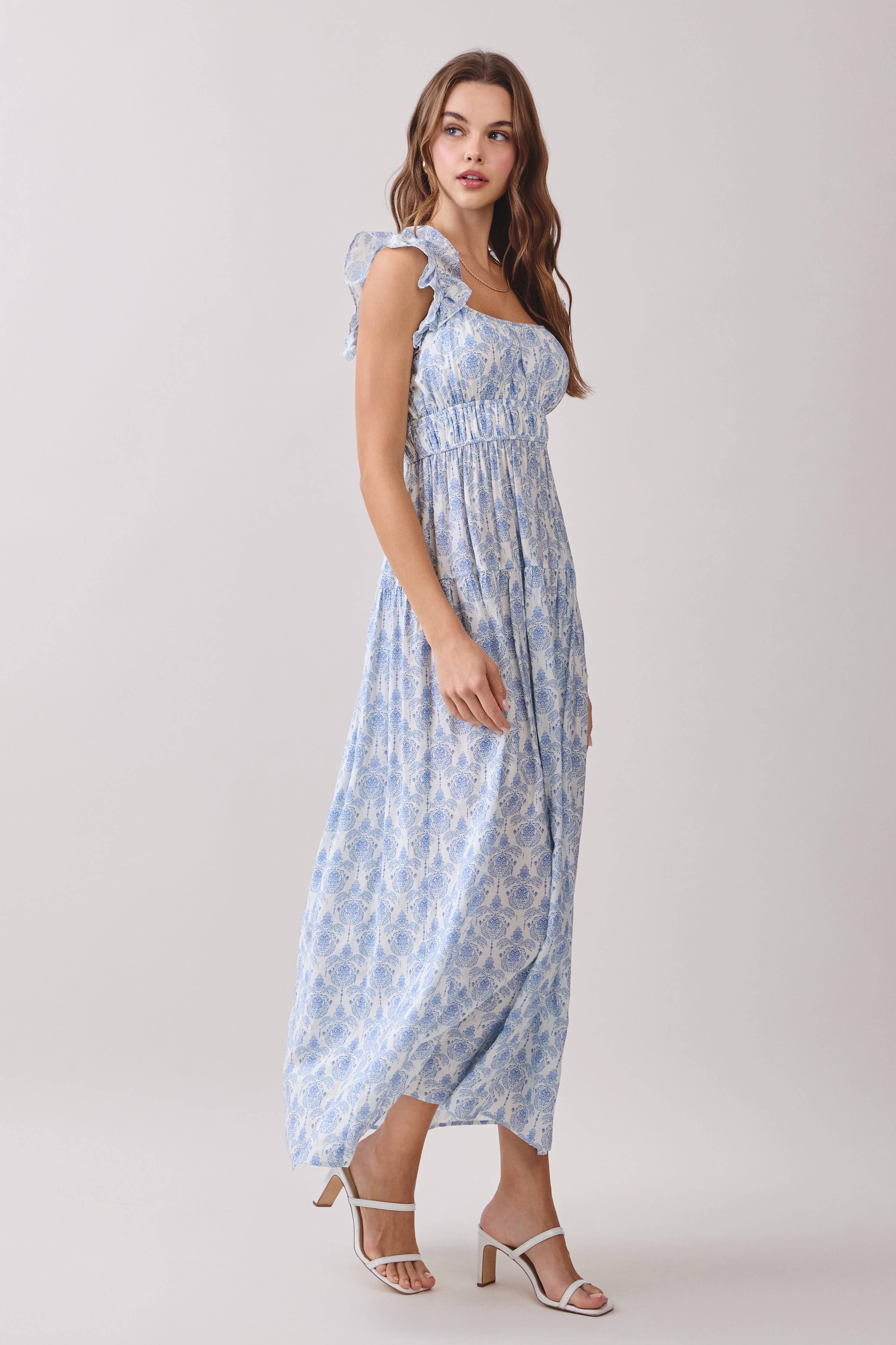 Print Ruffled Shoulder Straps Square Neck Dress: Blue