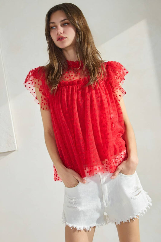 Heart Printed Mesh Blouse: Red