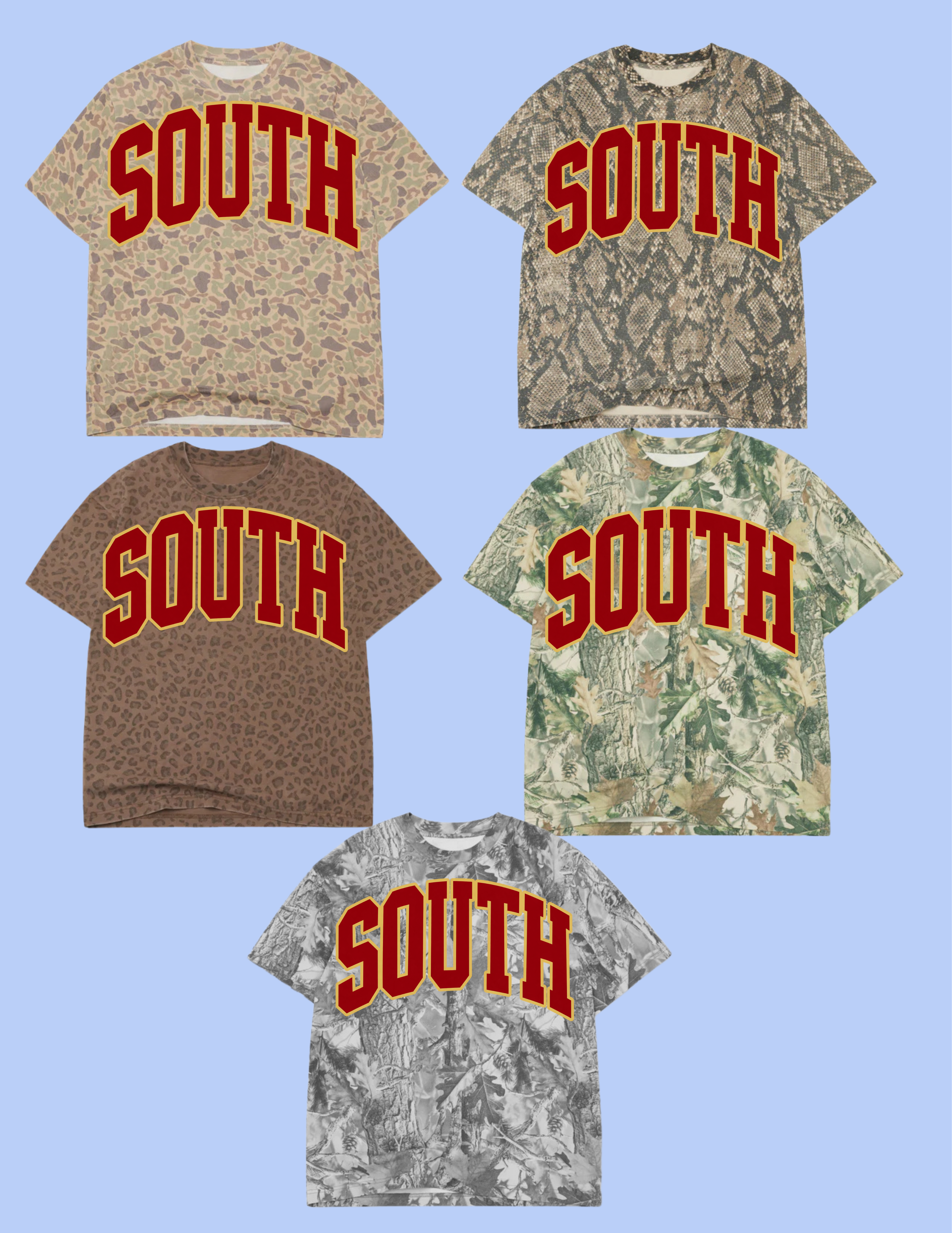 SOUTH varsity arch tee- gold outline, cardinal inside TEE