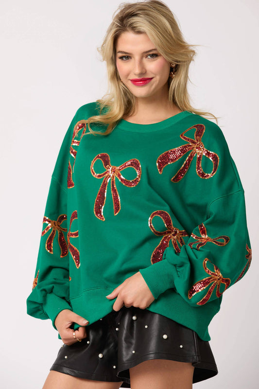 Christmas Bow Embroidery Oversized Green Sweatshirts