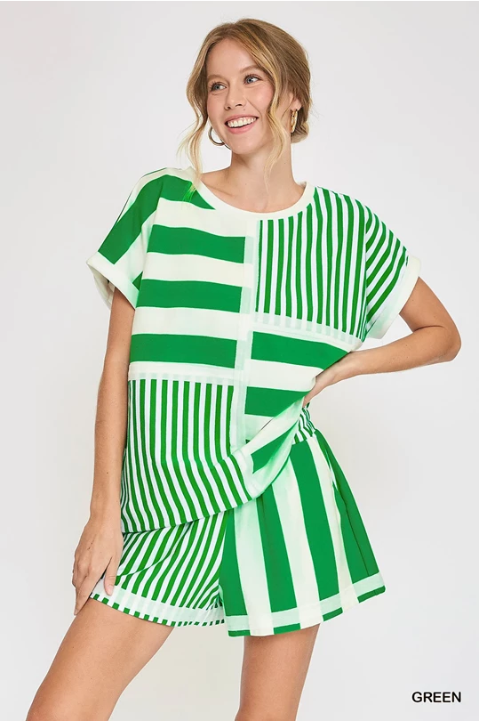 Knit Mixed Striped Boxy Cut Oversized Top with Cut Edge Details - GREEN