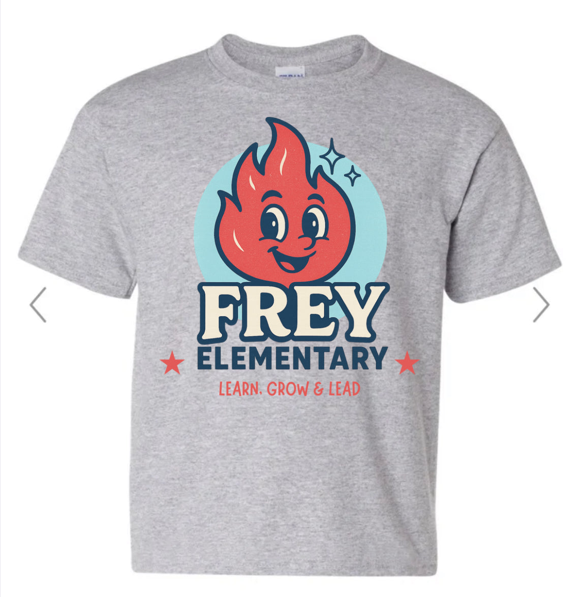 Frey Elementary, Learn Grow Lead with flame in circle on sport grey