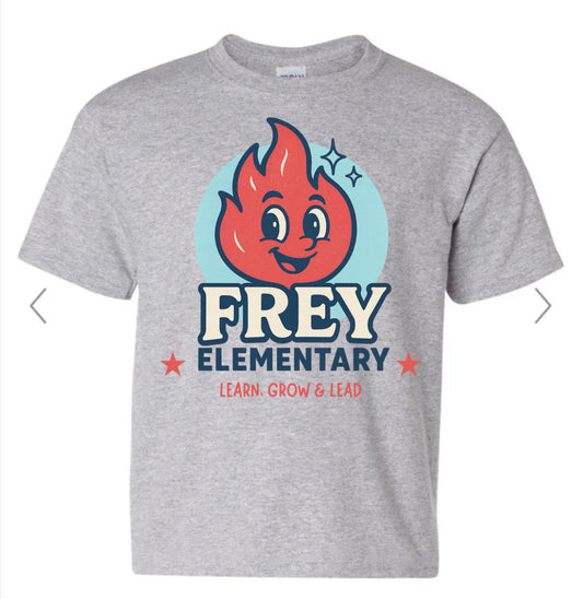 Frey Elementary, Learn Grow Lead with flame in circle on sport grey