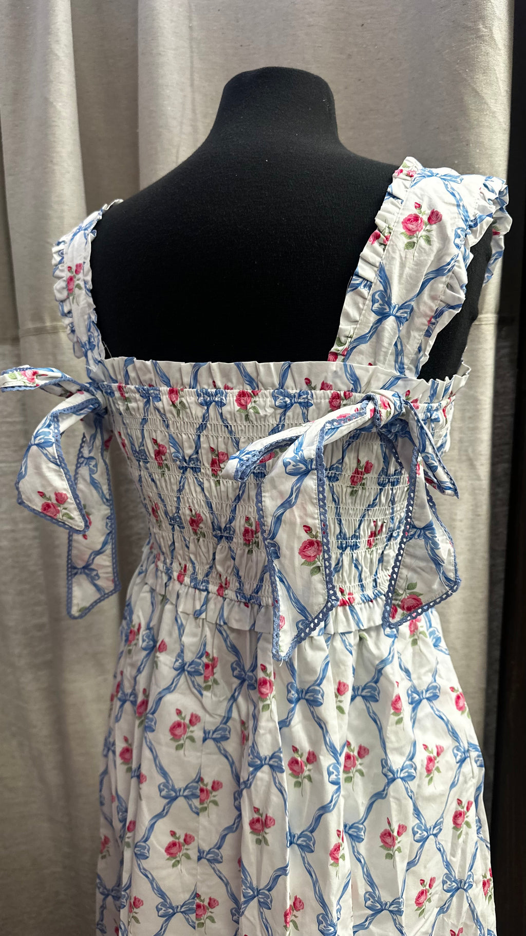 Smocked and Bow Back Midi Dress- ivory/blue multi