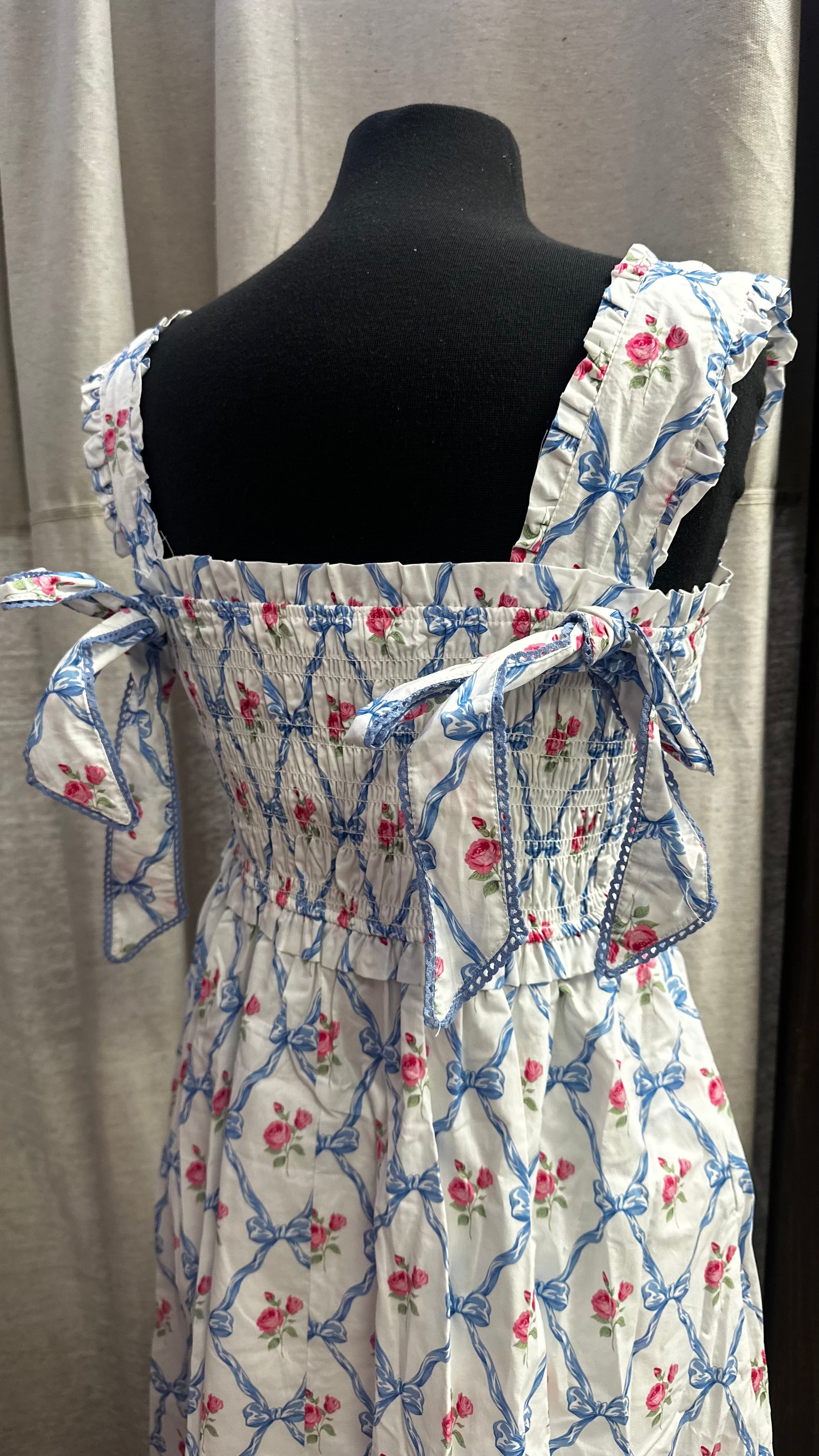 Smocked and Bow Back Midi Dress- ivory/blue multi