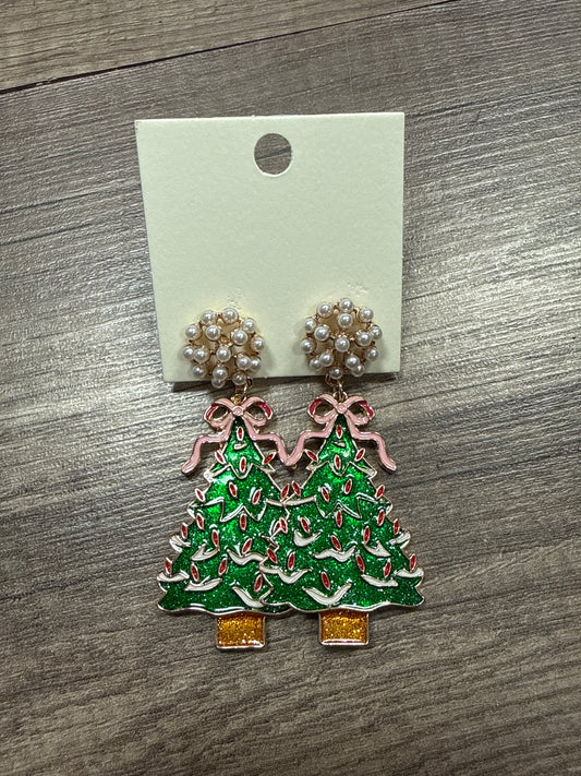 Christmas Tree with Pink Bow Topper dangle earrings