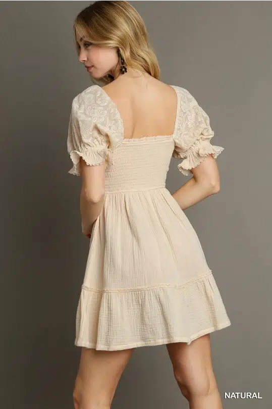 Cotton Gauze Squared Neckline Smocked Short Dress with Puff Lace Sleeves