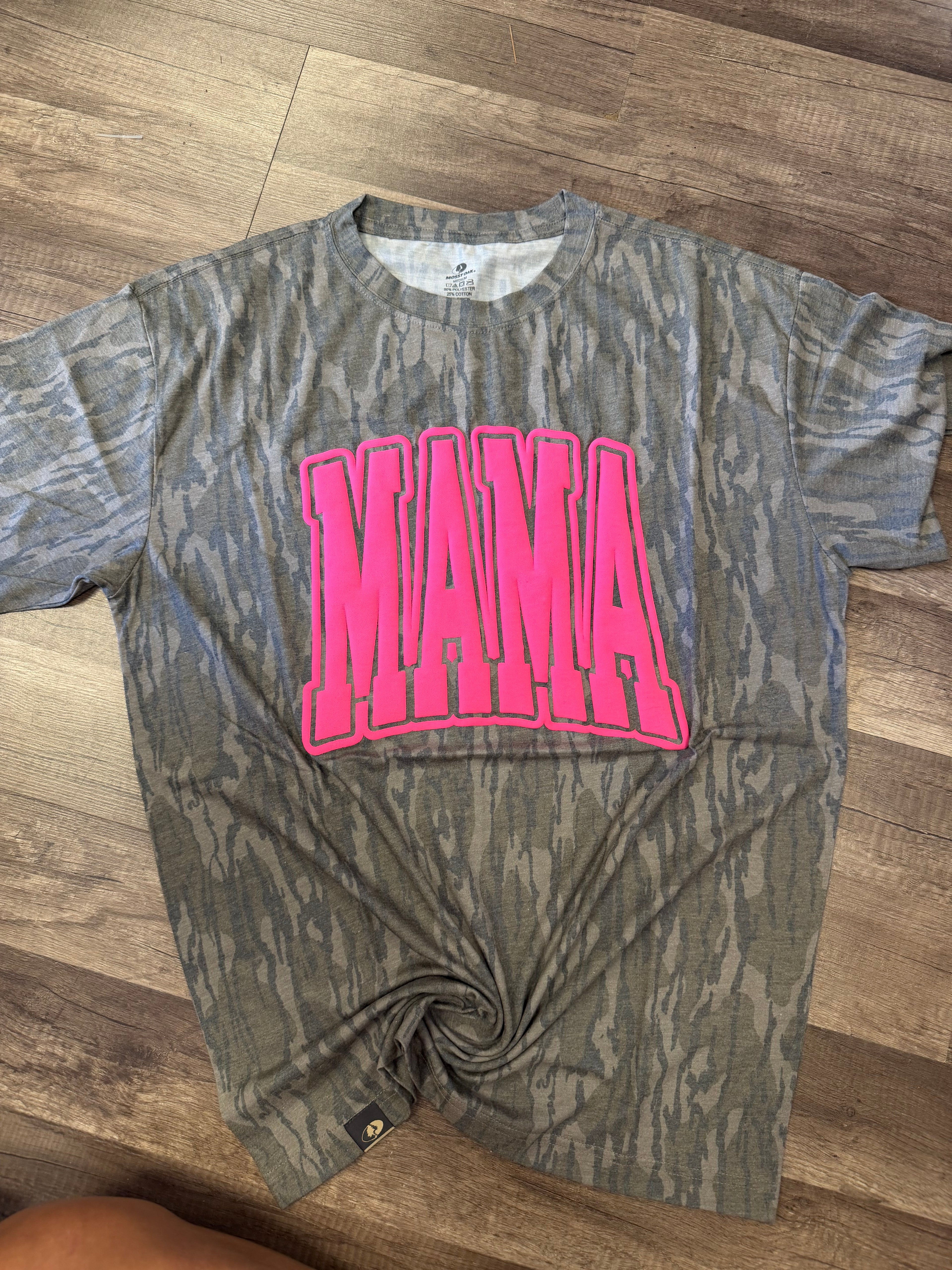 Mama pink puff on realtree camo shirt