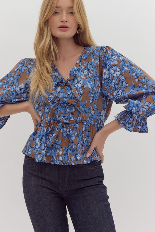 Floral print elasticated ¾ sleeve peplum top