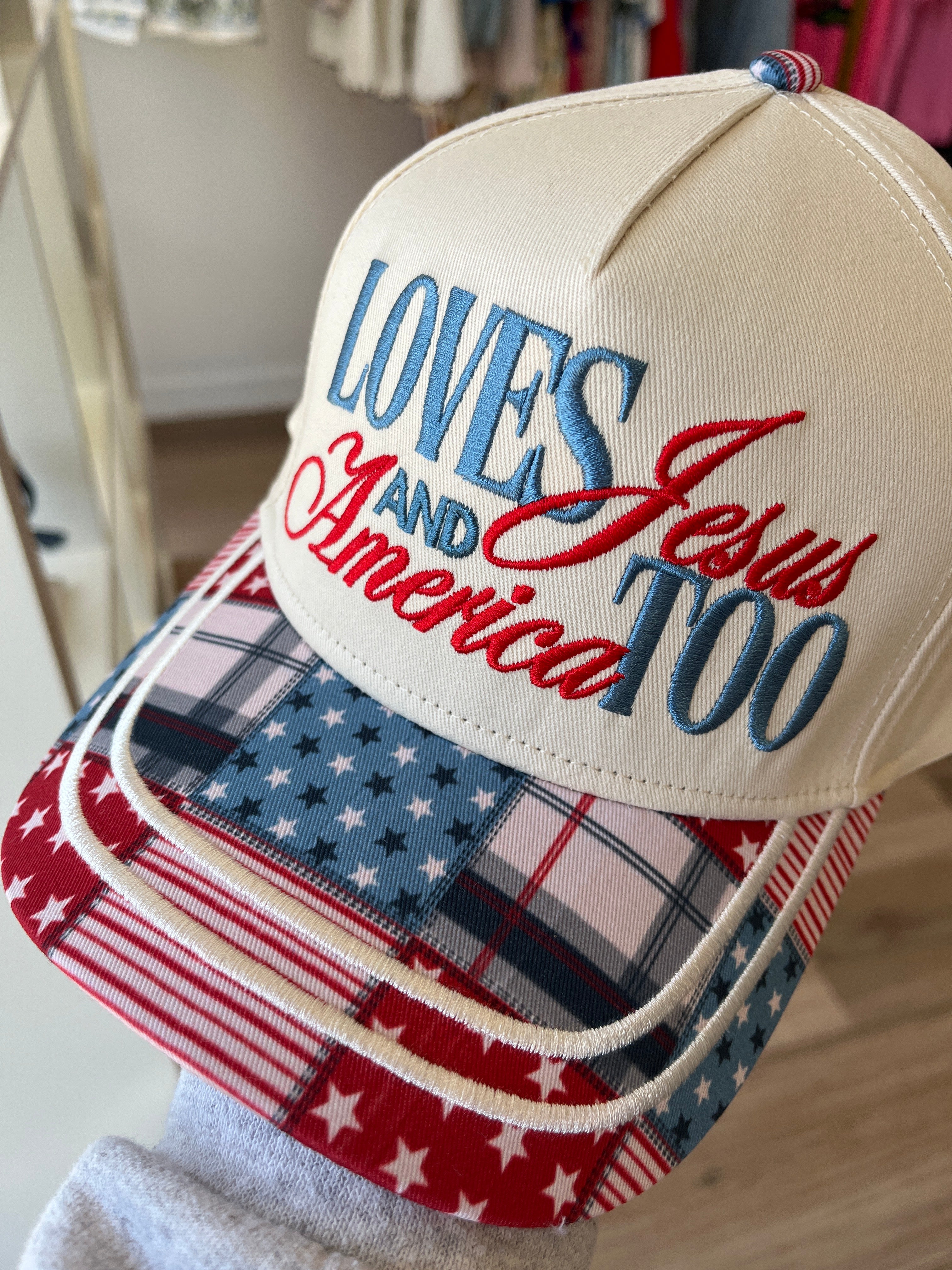 Loves Jesus and America Too Trucker Hats