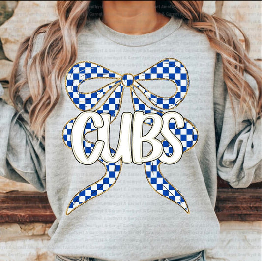 CUBS BLUE CHECKERED BOW ON GREY GILDAN